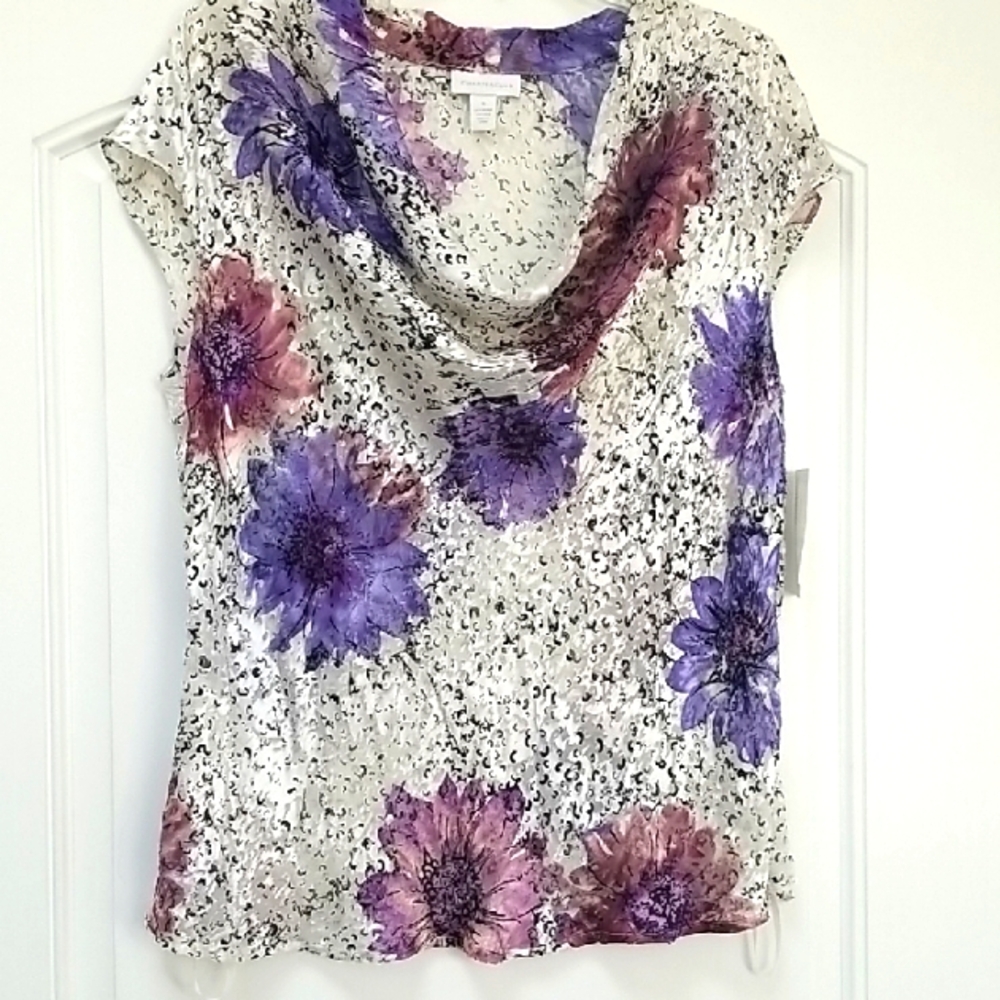 Charter Club White and Purple Graphic Blouse